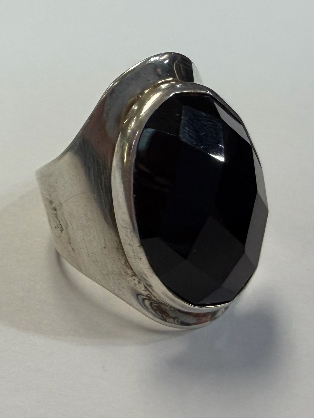 DDD Diamonique Dinouart Faceted Black Onyx  Stone Silver Statement Ring